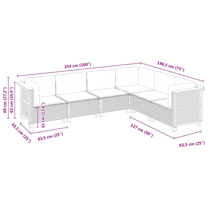 Afuera Living Contemporary 6 Piece Poly Rattan Sofa Set in Black/Cream