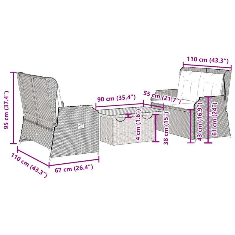 Afuera Living 3 Piece Poly Rattan Medium Lounge Set in Gray/Beige