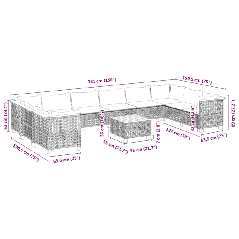 Afuera Living Contemporary 11 Piece Poly Rattan Sofa Set in Gray