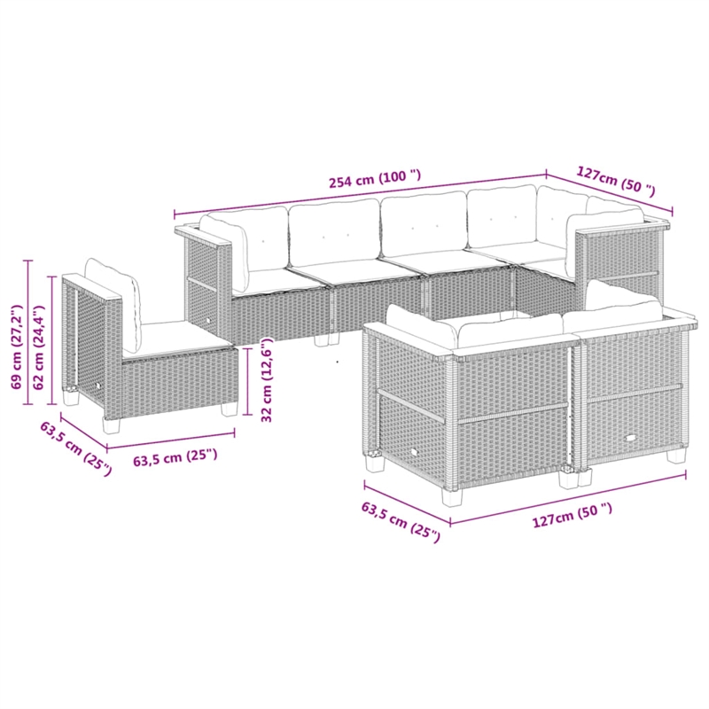 Afuera Living Contemporary 8 Piece Poly Rattan Large Sofa Set in Gray