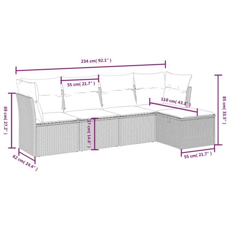 Afuera Living Contemporary 5 Piece Poly Rattan Small Sofa Set in Gray
