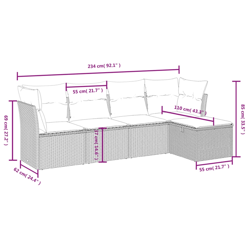 Afuera Living Contemporary Synthetic Poly Rattan 5 Piece Sofa Set in Gray