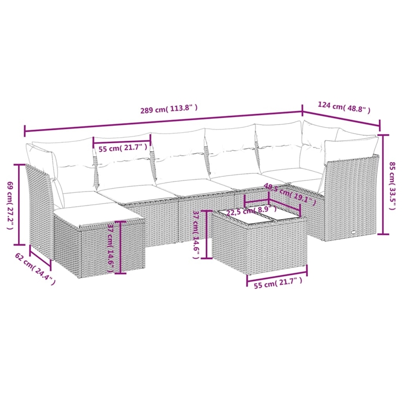 Afuera Living Contemporary 8 Piece Poly Rattan Small Sofa Set in Gray