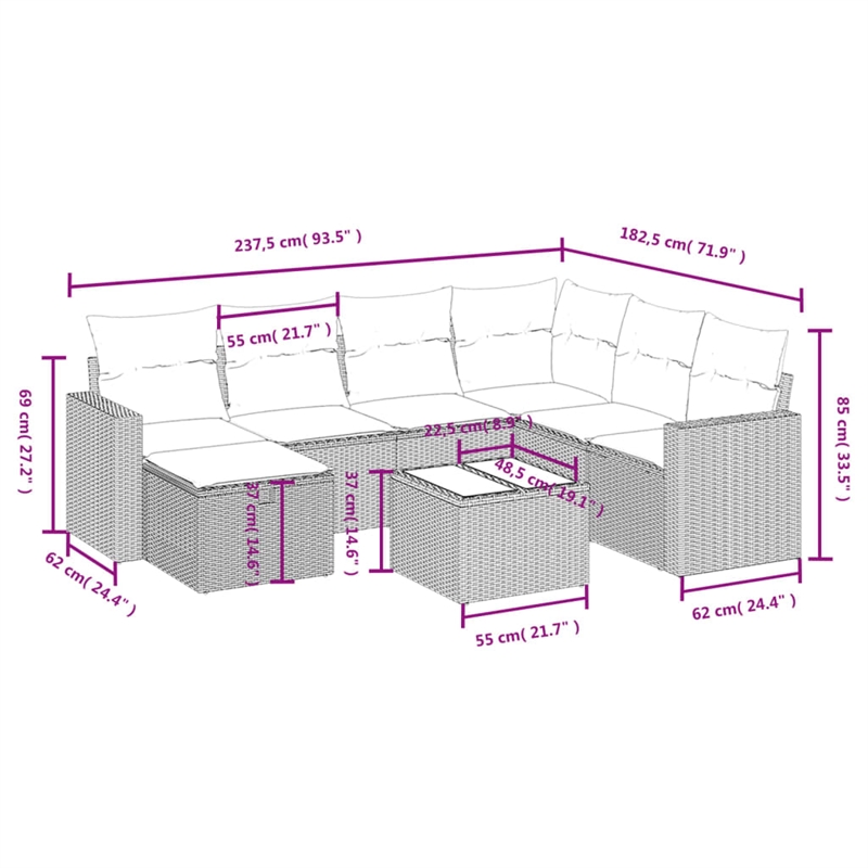 Afuera Living Contemporary 8 Piece Poly Rattan Sofa Set in Gray