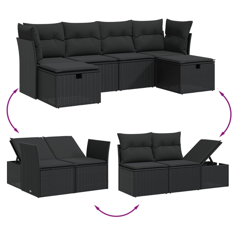Afuera Living Contemporary 6 Piece Poly Rattan Large Sofa Set in Black