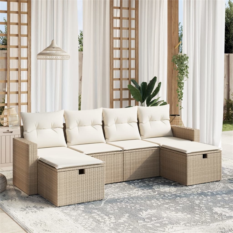 Afuera Living Contemporary 6 Piece Poly Rattan Large Sofa Set in Beige