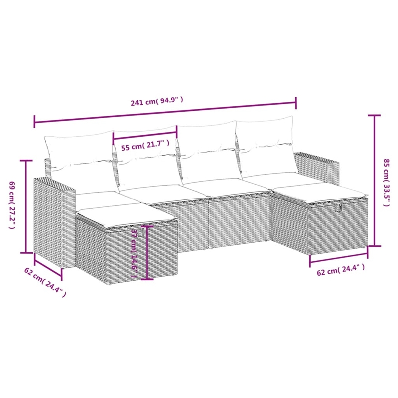 Afuera Living Contemporary 6 Piece Poly Rattan Large Sofa Set in Gray