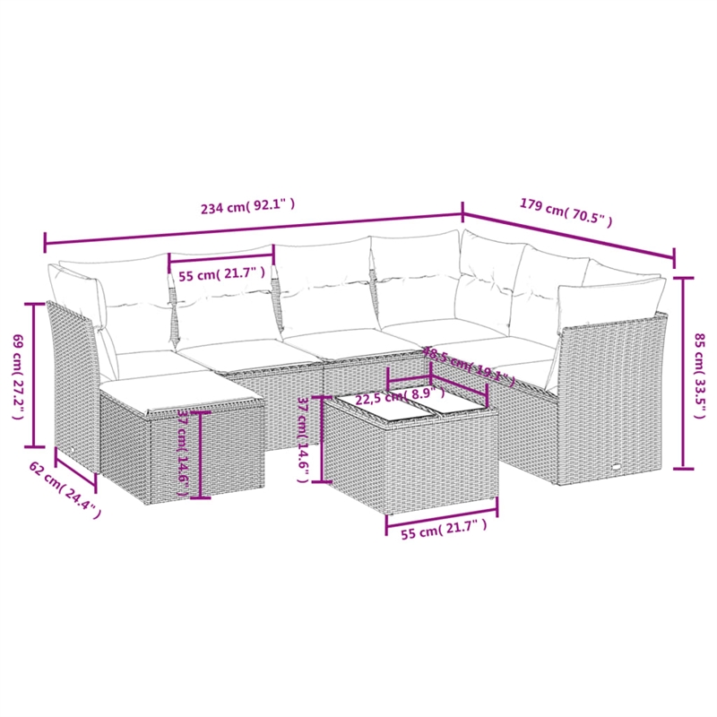 Afuera Living Contemporary 8 Piece Poly Rattan Large Sofa Set in Beige
