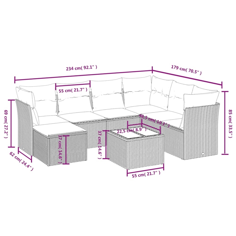 Afuera Living Contemporary 8 Piece Poly Rattan Large Sofa Set in Gray