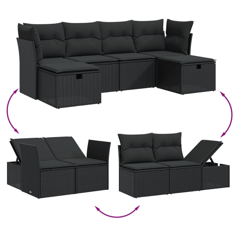 Afuera Living 6 Piece Poly Rattan Large Sofa Set with Removable Covers in Black
