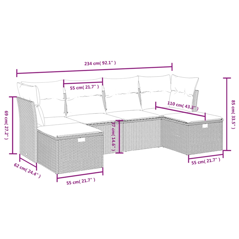 Afuera Living 6 Piece Poly Rattan Large Sofa Set with Removable Covers in Black