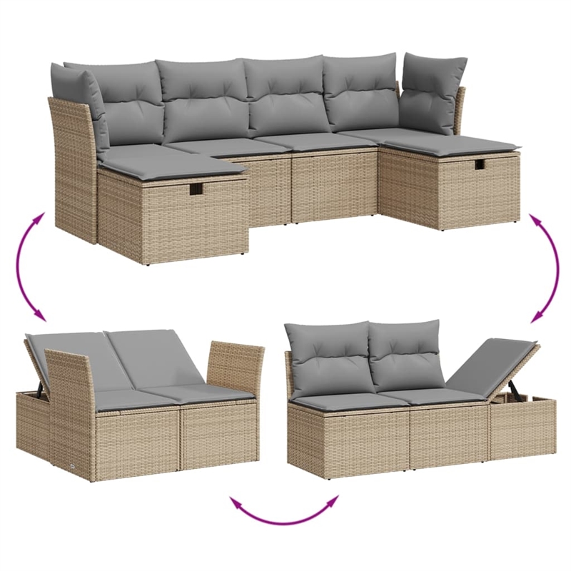 Afuera Living Contemporary 6 Piece Poly Rattan Large Sofa Set in Beige