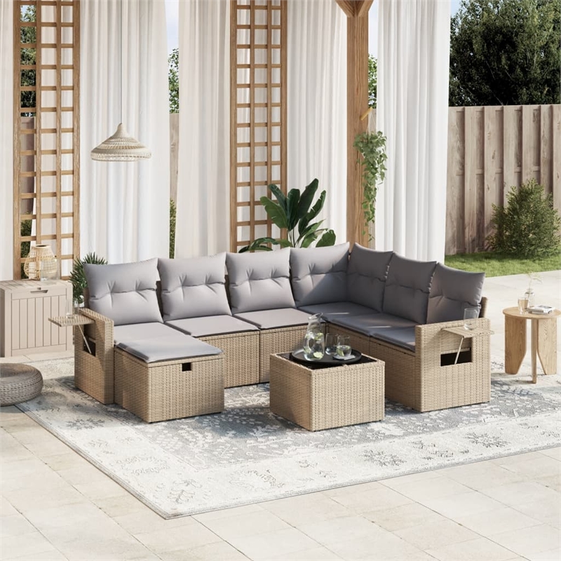 Afuera Living Contemporary 8 Piece Poly Rattan Large Sofa Set in Beige