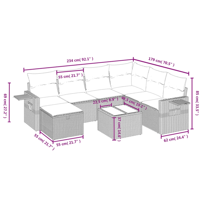 Afuera Living Contemporary 8 Piece Poly Rattan Large Sofa Set in Beige