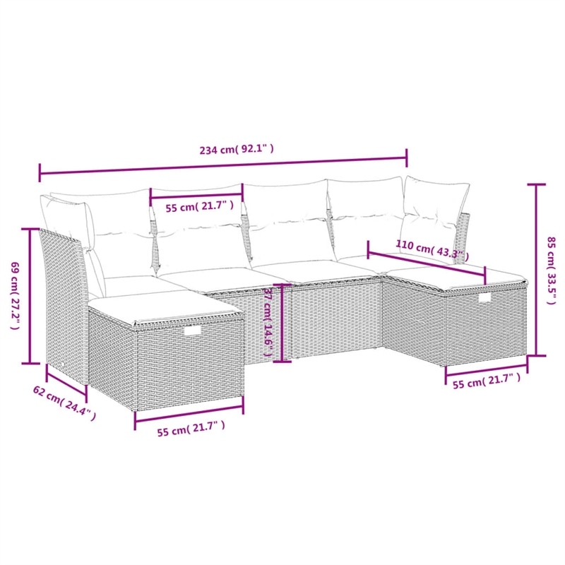 Afuera Living Contemporary 6 Piece Poly Rattan Medium Sofa Set in Gray