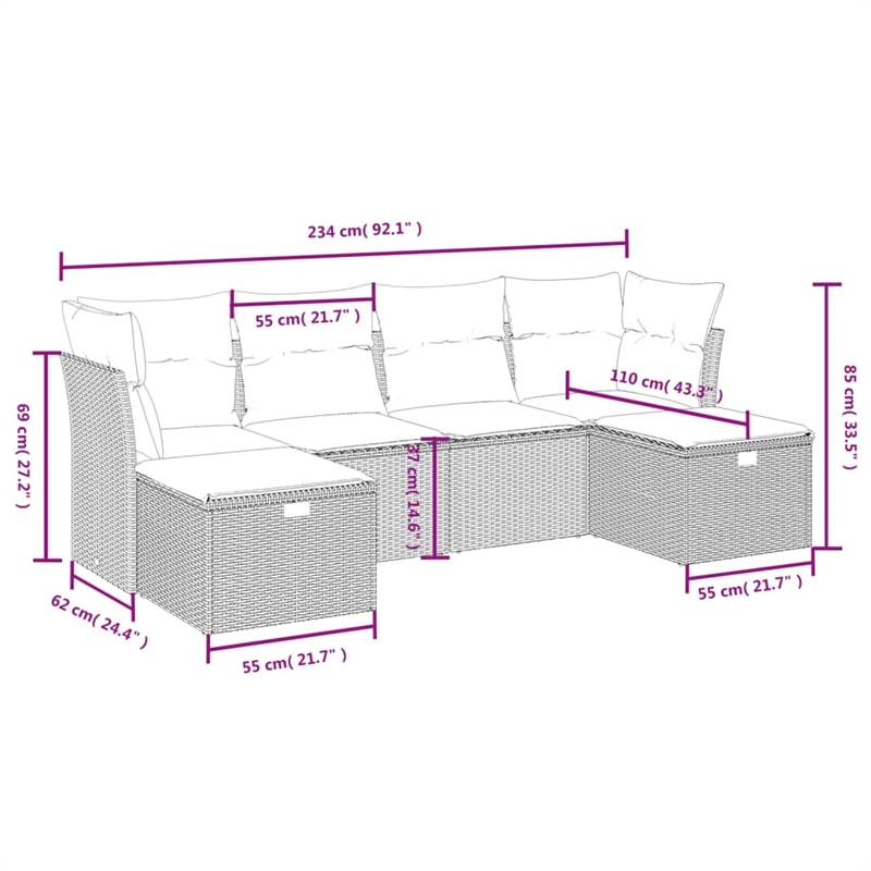 Afuera Living Contemporary 6 Piece Poly Rattan Large Sofa Set in Brown