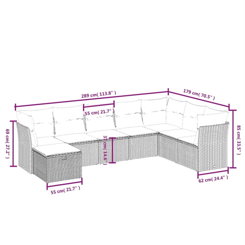 Afuera Living Contemporary 8 Piece Poly Rattan Large Sofa Set in Beige