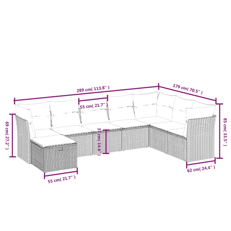 Afuera Living Contemporary 8 Piece Poly Rattan Large Sofa Set in Gray