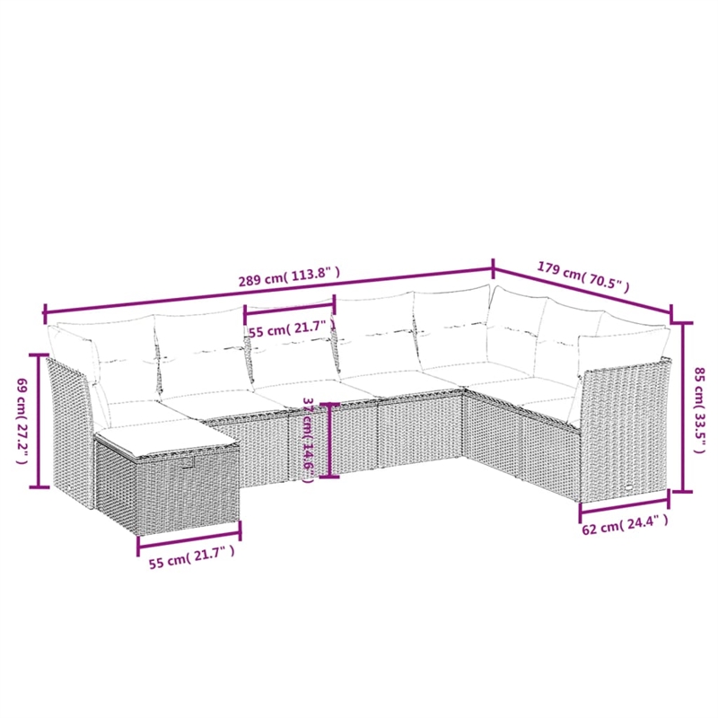 Afuera Living 8 Piece Poly Rattan Large Sofa Set with Removable Covers in Gray