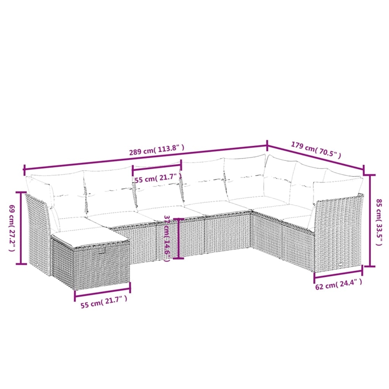 Afuera Living Contemporary 8 Piece Poly Rattan Large Sofa Set in Brown