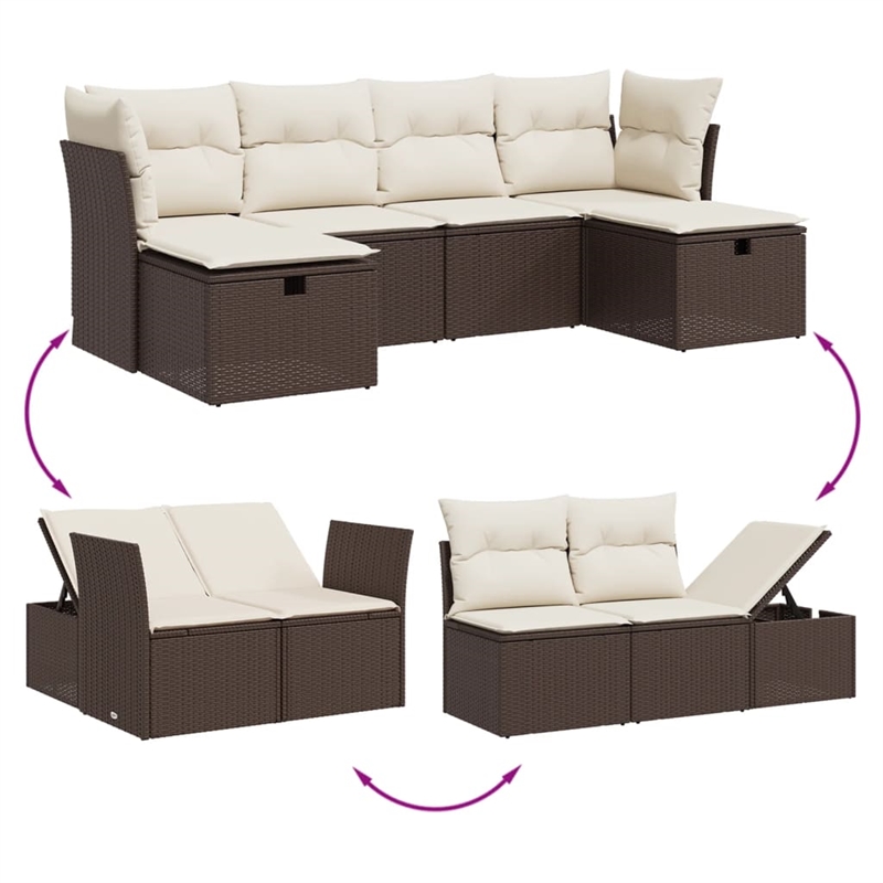 Afuera Living Contemporary 6 Piece Poly Rattan Large Sofa Set in Brown