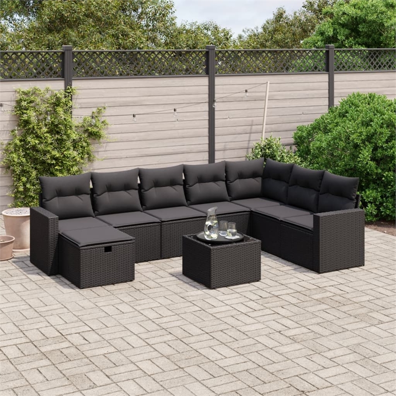 Afuera Living Contemporary 9 Piece Poly Rattan Large Sofa Set in Black