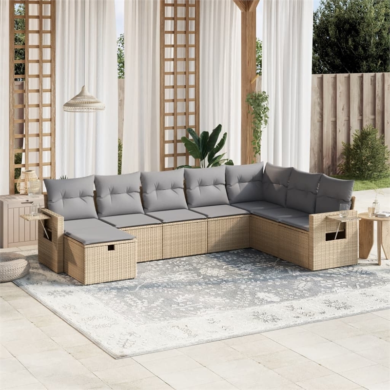 Afuera Living Contemporary 8 Piece Poly Rattan Large Sofa Set in Beige