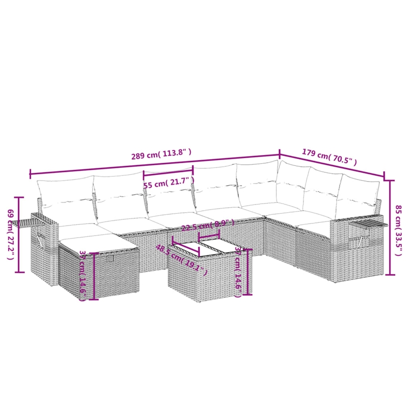 Afuera Living Contemporary 9 Piece Poly Rattan Sofa Set in Gray