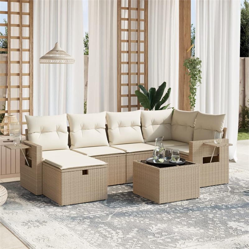 Afuera Living Contemporary 7 Piece Poly Rattan Large Sofa Set in Beige
