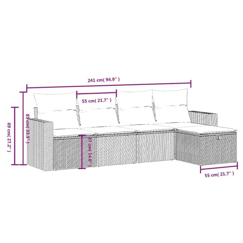 Afuera Living Contemporary 5 Piece Poly Rattan Large Sofa Set in Black