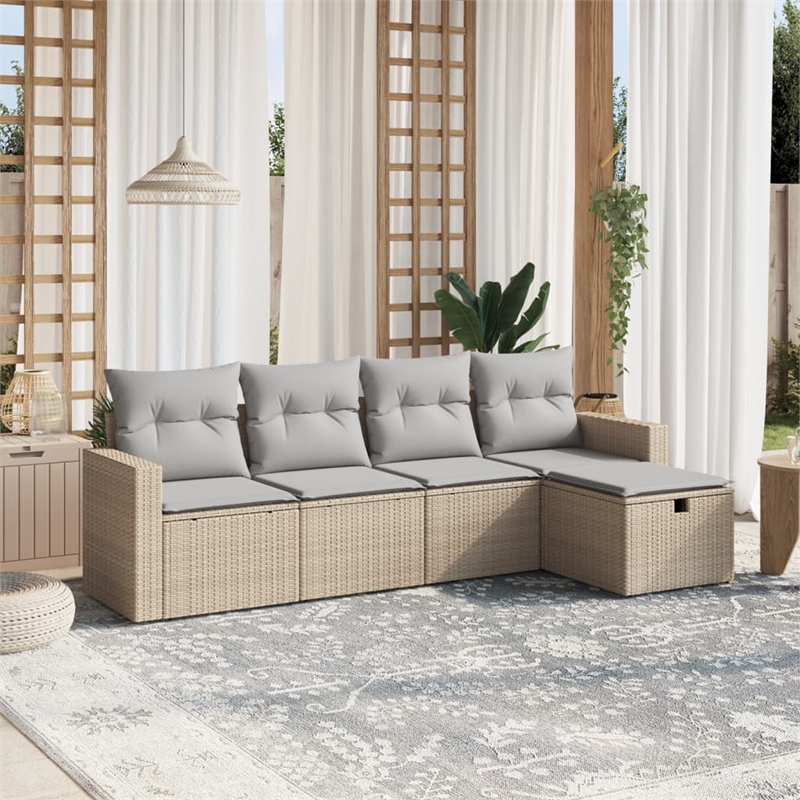 Afuera Living Contemporary 5 Piece Poly Rattan Large Sofa Set in Beige