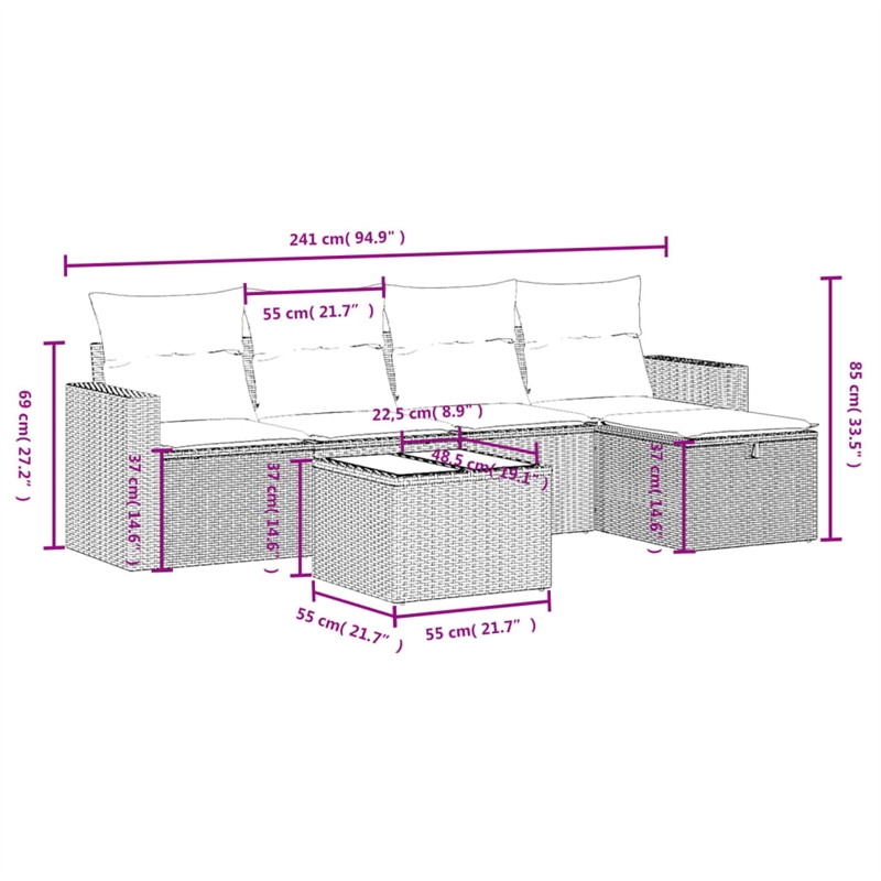 Afuera Living Contemporary 6 Piece Poly Rattan Small Sofa Set in Gray