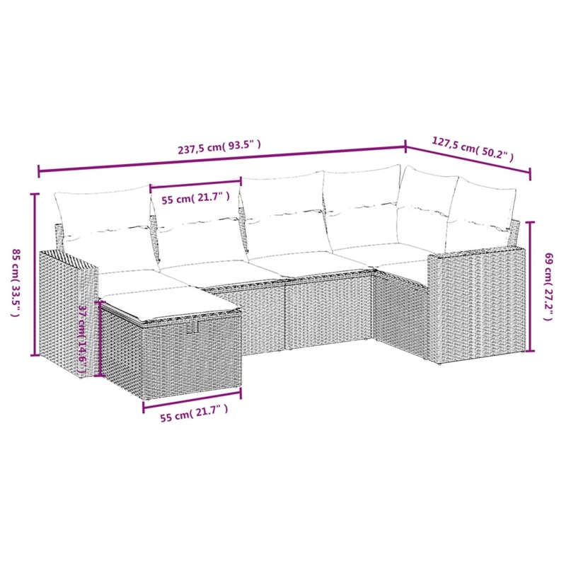 Afuera Living Contemporary 6 Piece Poly Rattan Large Sofa Set in Black