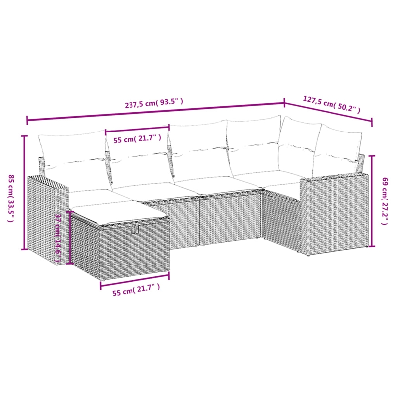 Afuera Living Contemporary 6 Piece Poly Rattan Large Sofa Set in Beige