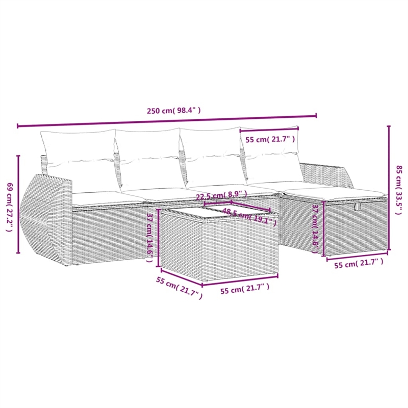 Afuera Living Contemporary 6 Piece Poly Rattan Small Sofa Set in Black