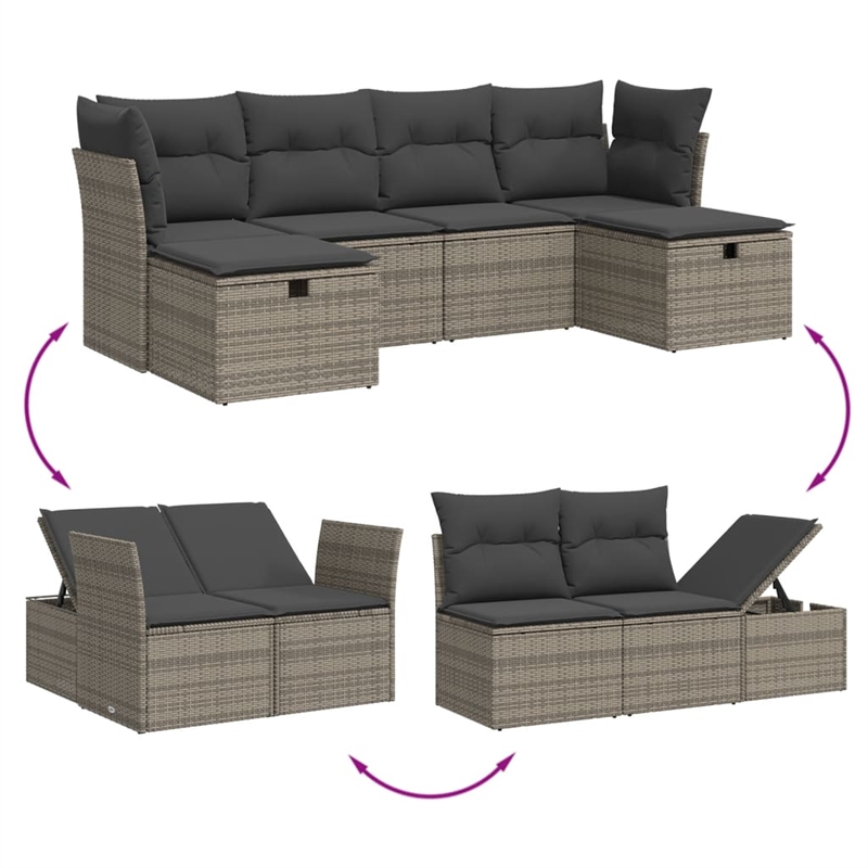 Afuera Living Contemporary 6 Piece Poly Rattan Large Sofa Set in Gray