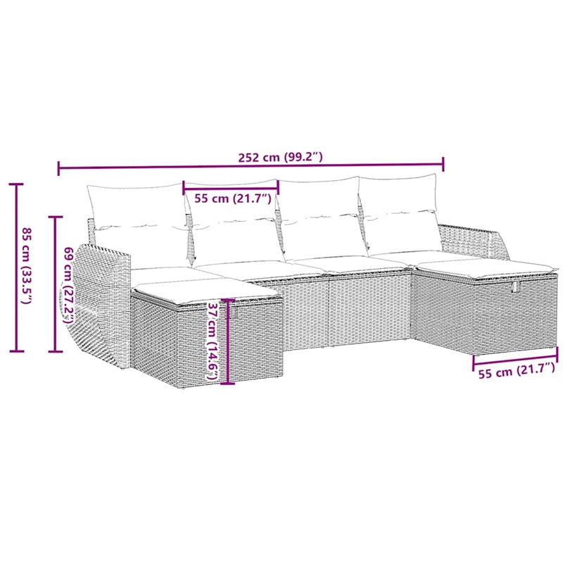 Afuera Living Contemporary 6 Piece Poly Rattan Sofa Set in Gray