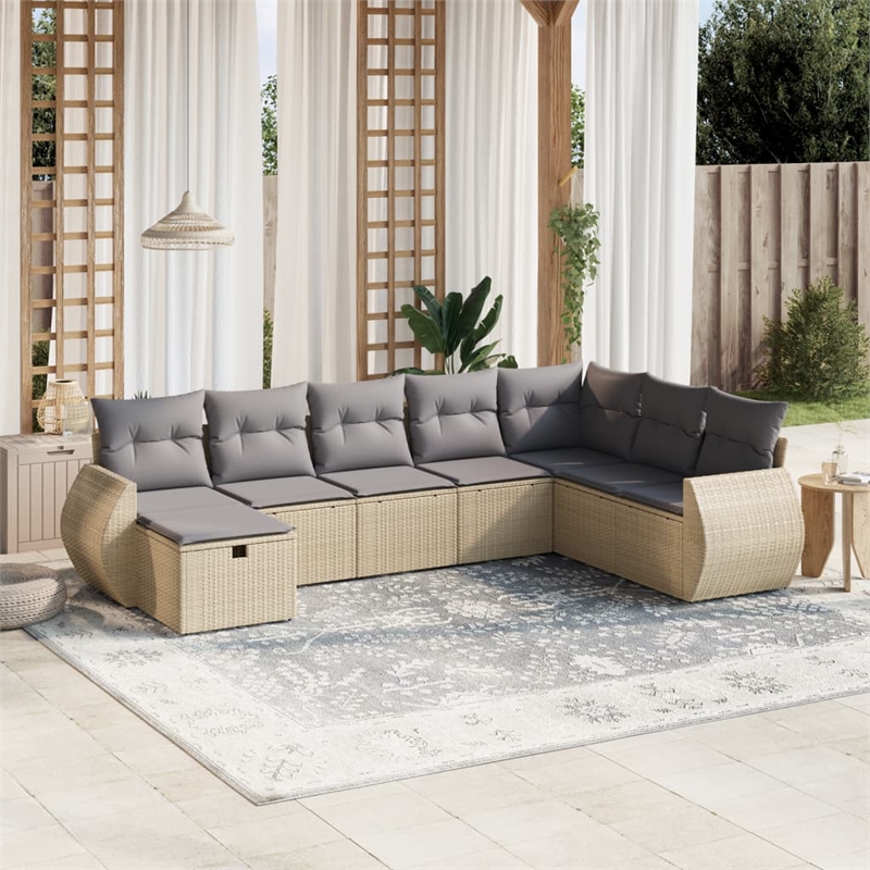 Afuera Living Contemporary 8 Piece Poly Rattan Large Sofa Set in Beige