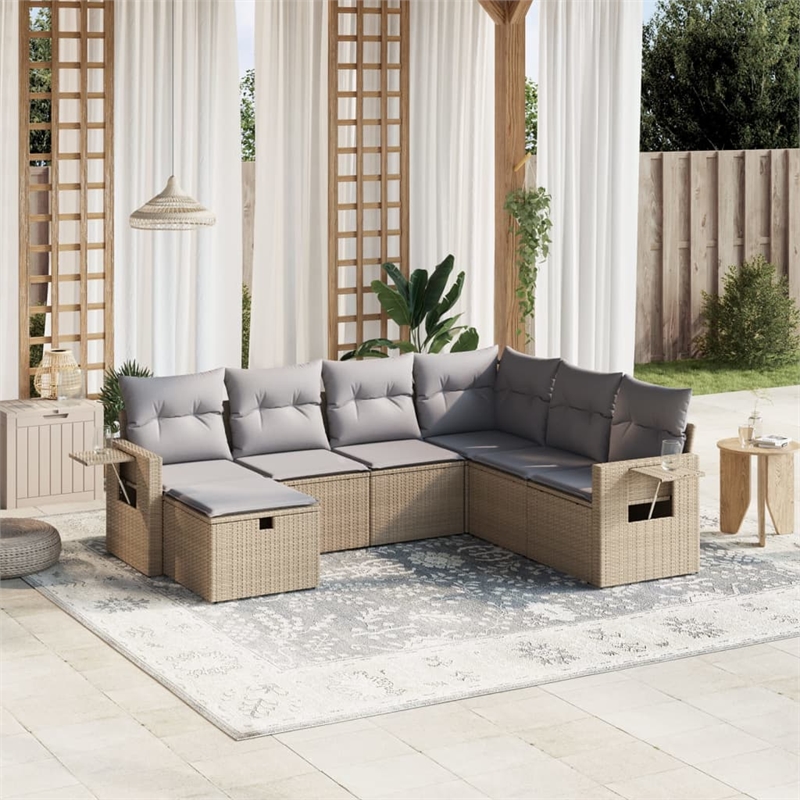 Afuera Living Contemporary 7 Piece Poly Rattan Large Sofa Set in Beige