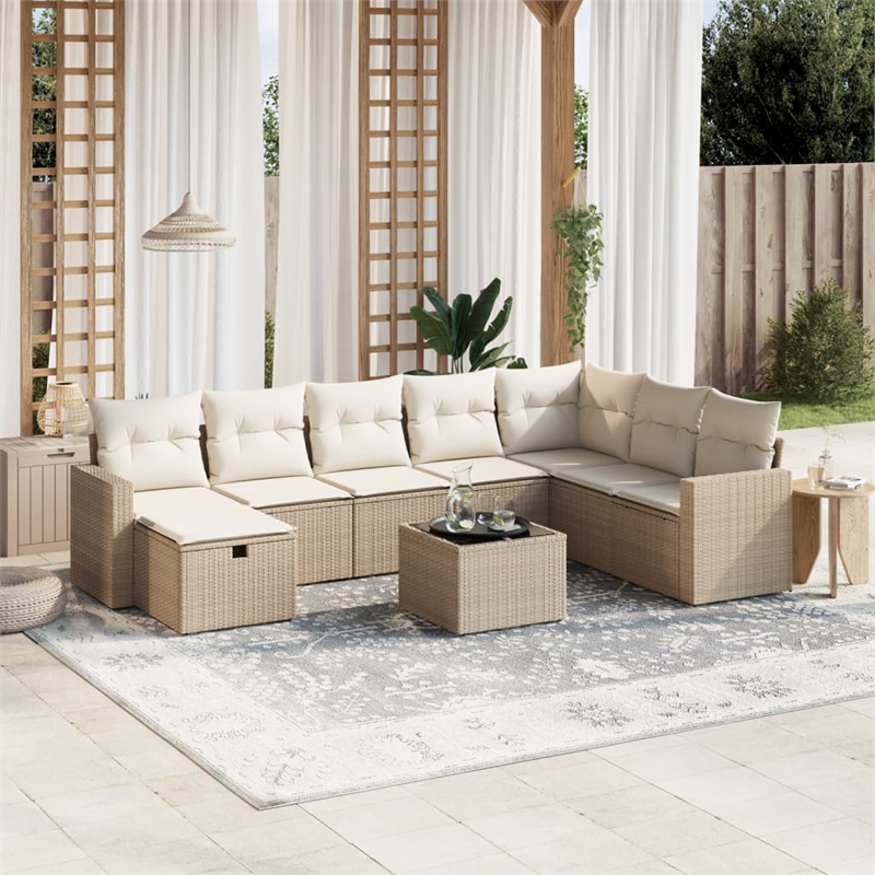 Afuera Living Contemporary 9 Piece Poly Rattan Large Sofa Set in Beige