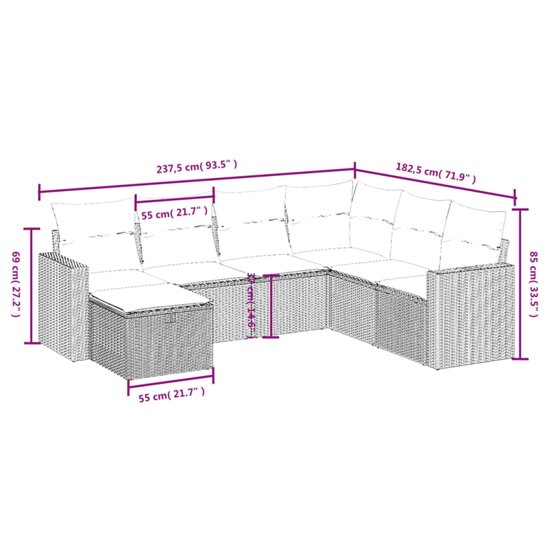 Afuera Living Contemporary 7 Piece Poly Rattan Sofa Set in Gray