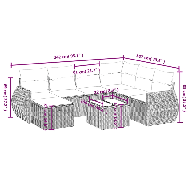 Afuera Living Contemporary 8 Piece Poly Rattan Sofa Set in Beige