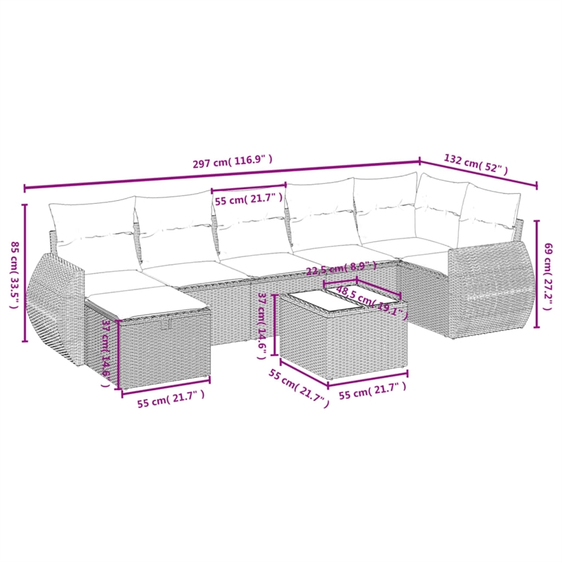 Afuera Living Contemporary 8 Piece Poly Rattan Small Sofa Set in Beige