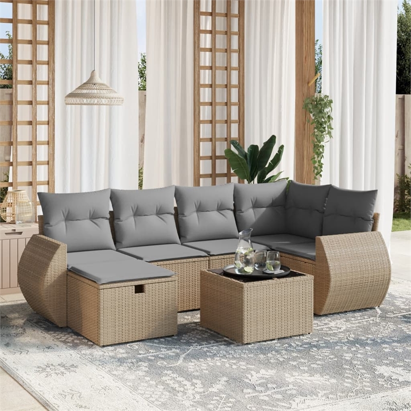 Afuera Living Contemporary 7 Piece Poly Rattan Medium Sofa Set in Beige