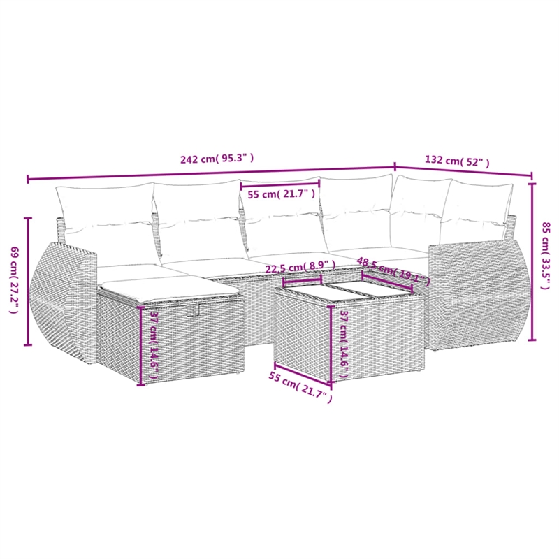 Afuera Living Contemporary 7 Piece Poly Rattan Large Sofa Set in Brown