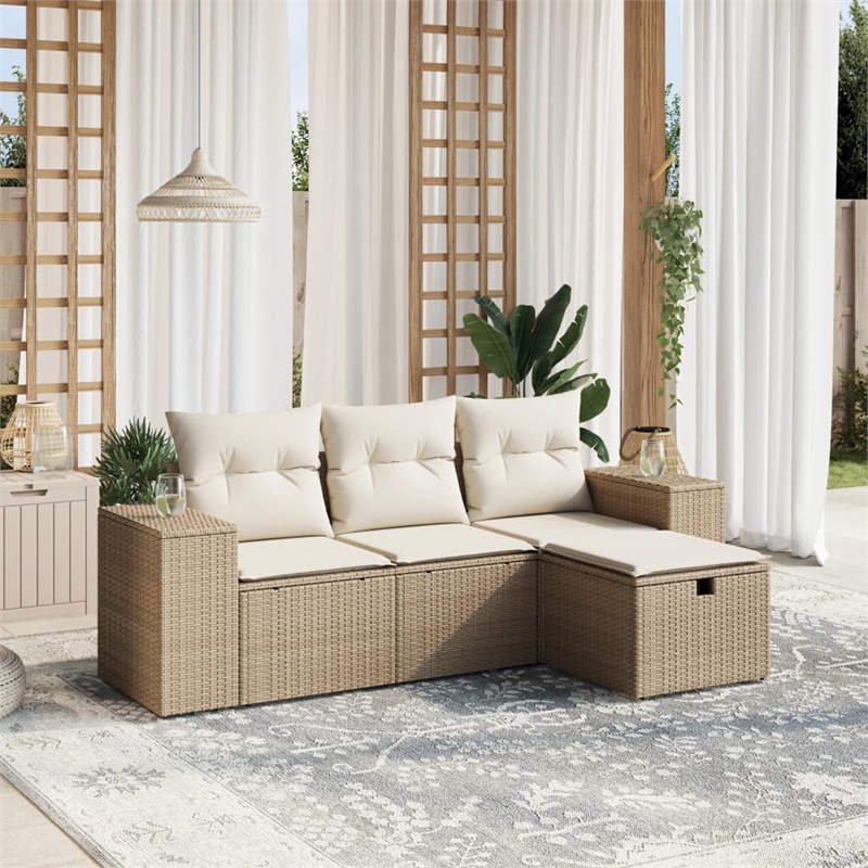 Afuera Living Contemporary 4 Piece Poly Rattan Medium Sofa Set in Beige