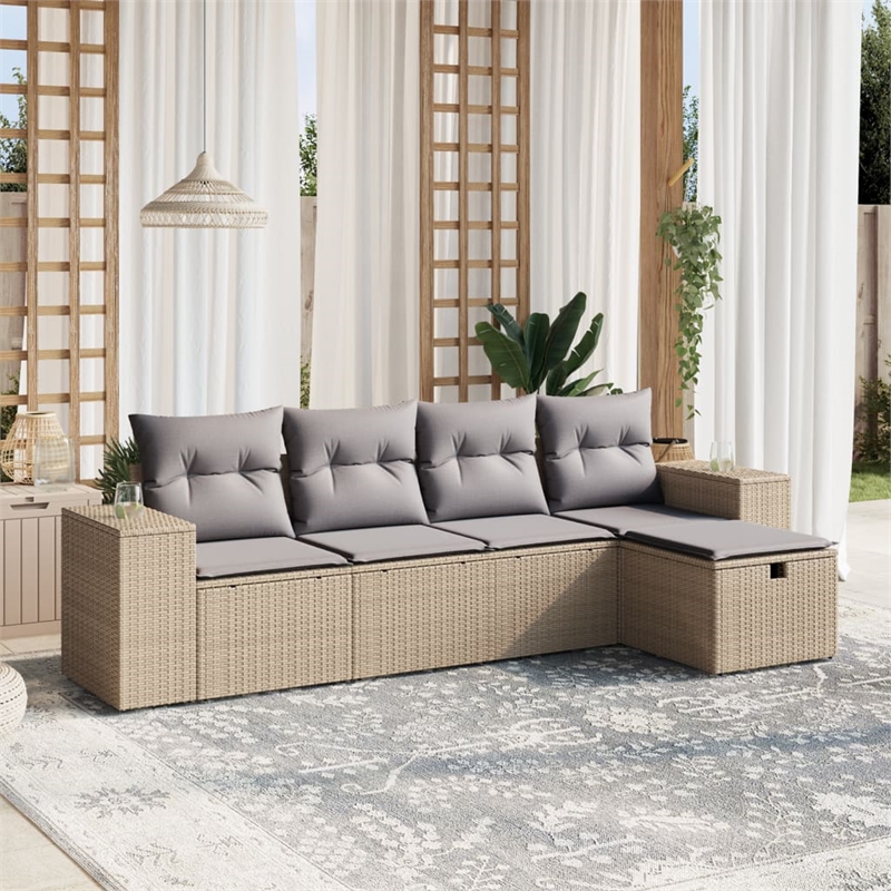 Afuera Living Contemporary 5 Piece Poly Rattan Large Sofa Set in Beige