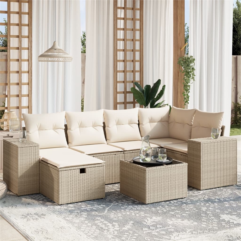 Afuera Living Contemporary 7 Piece Poly Rattan Large Sofa Set in Beige