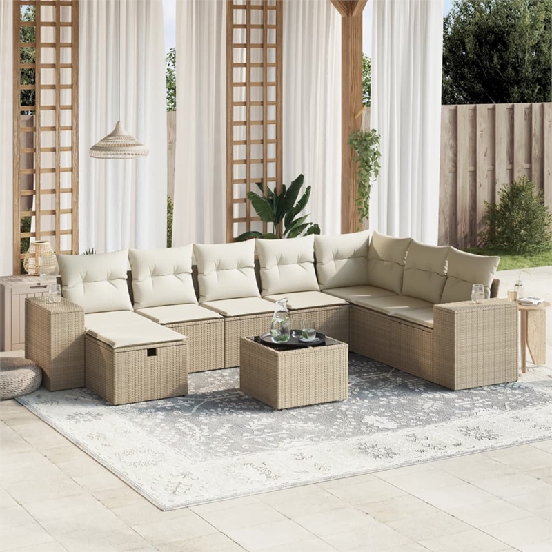 Afuera Living Contemporary 9 Piece Poly Rattan Large Sofa Set in Beige