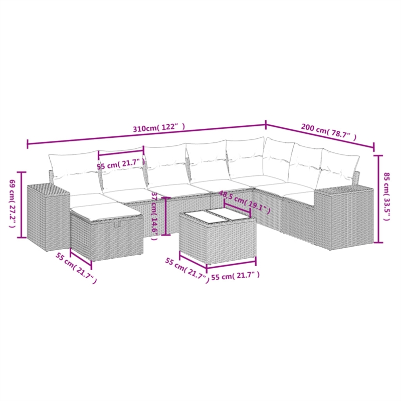 Afuera Living Contemporary 9 Piece Poly Rattan Large Sofa Set in Beige